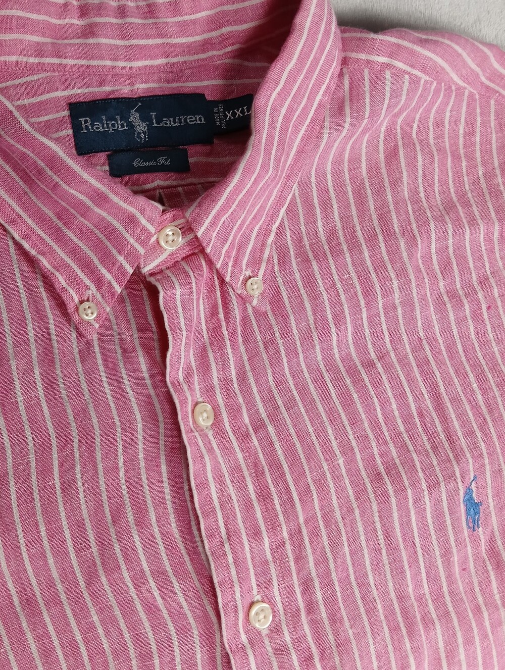 Ralph Lauren 100% Linen Button Up Shirt XXL Men's Short Sleeve Striped Pink
